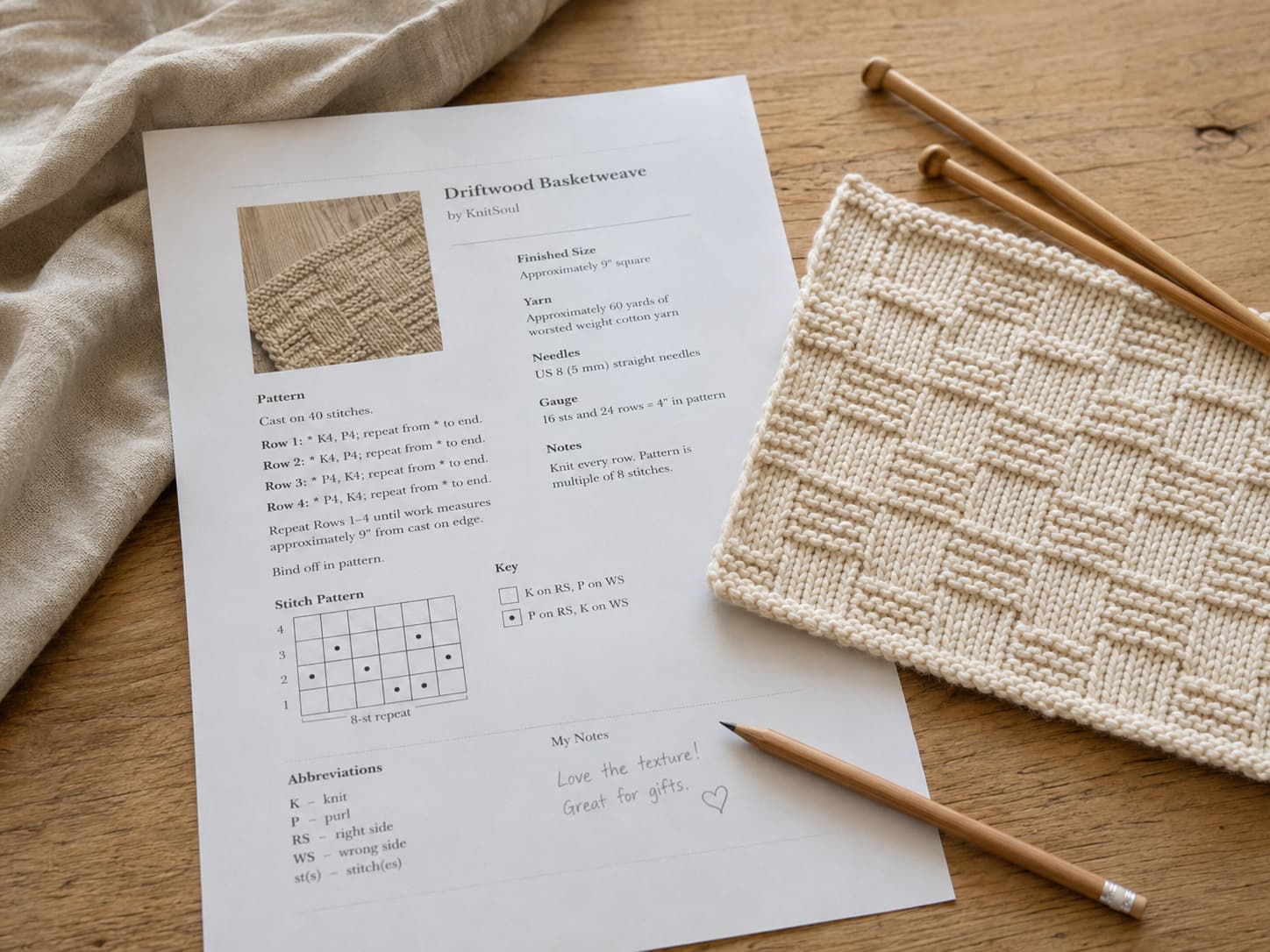 Printed knitting pattern beside a cream knitted swatch, bamboo needles, and a pencil used to track rows on a light wooden table.