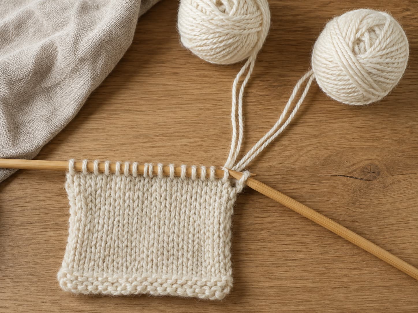 Two fine yarn strands feeding together into a small neutral swatch beside their separate yarn balls.
