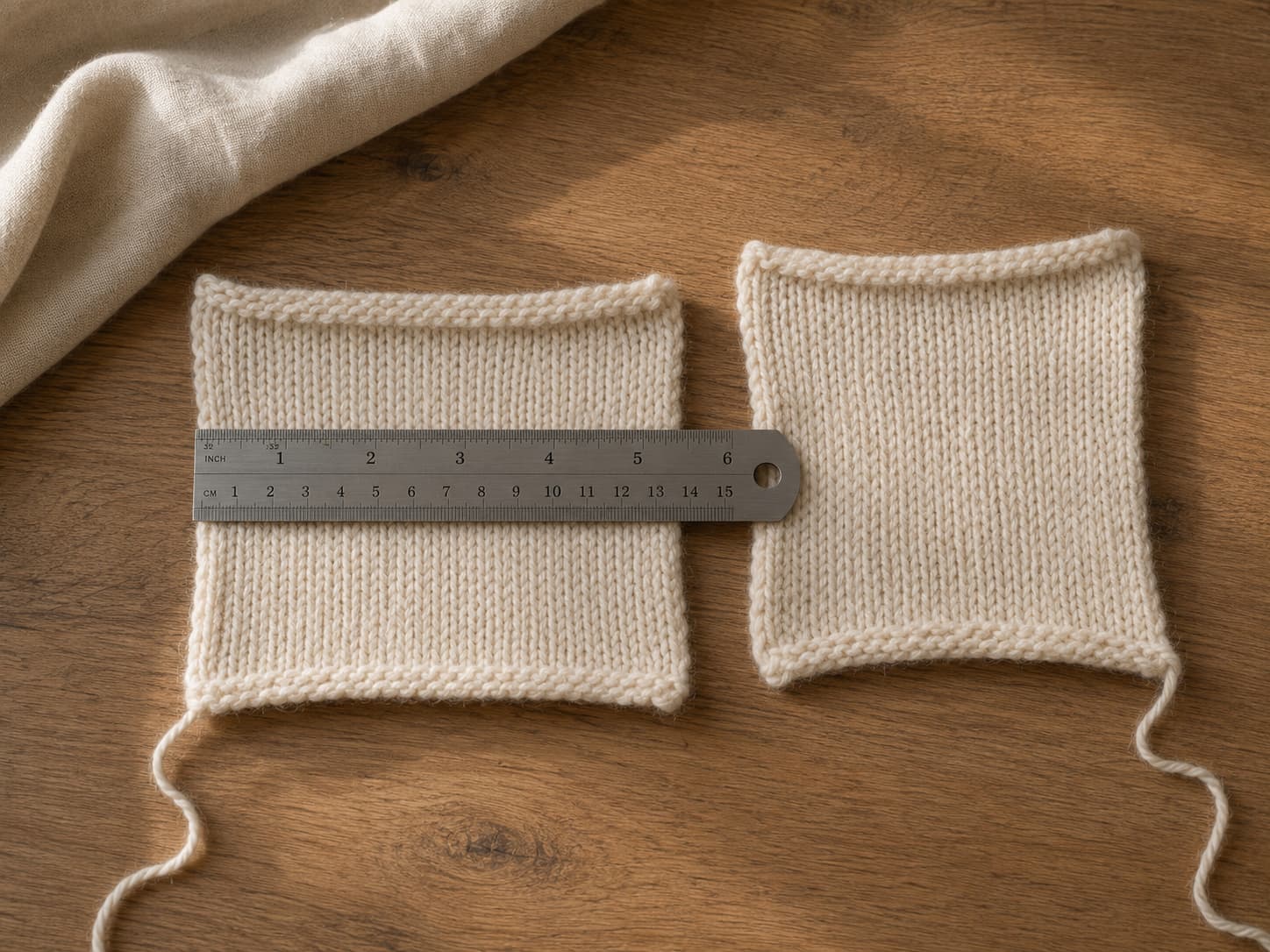 Two labeled gauge swatches measured after washing, showing different stitch density and fabric behavior despite similar yarn thickness.