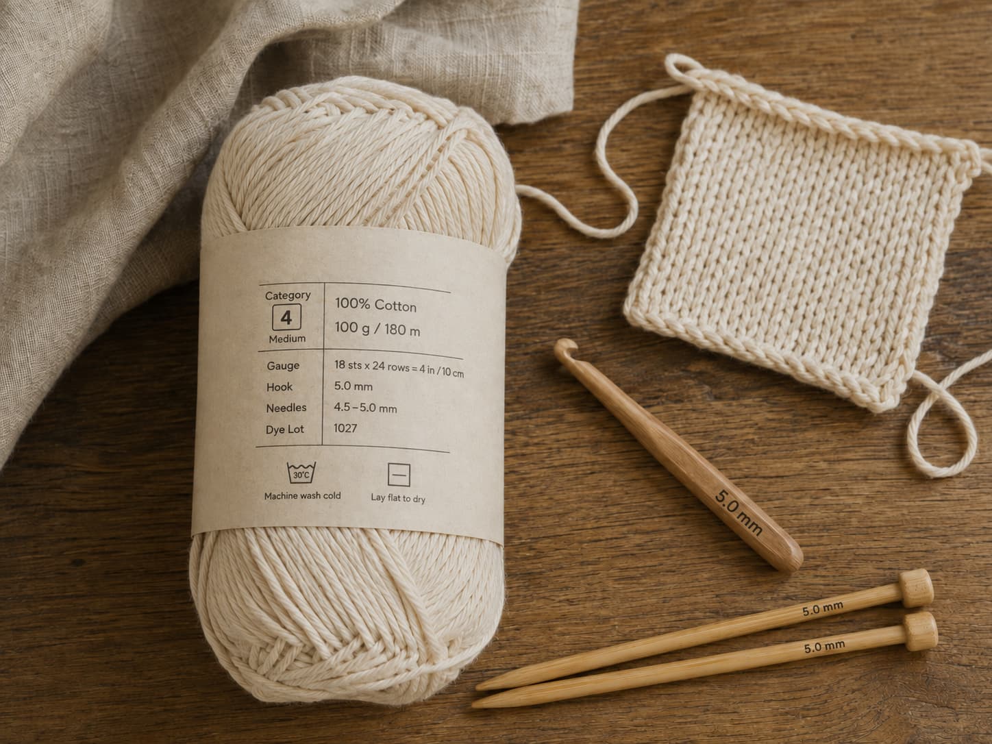 Real yarn label beside a skein with the weight symbol, meterage, fiber content, gauge, tool sizes, dye lot, and care information visible.
