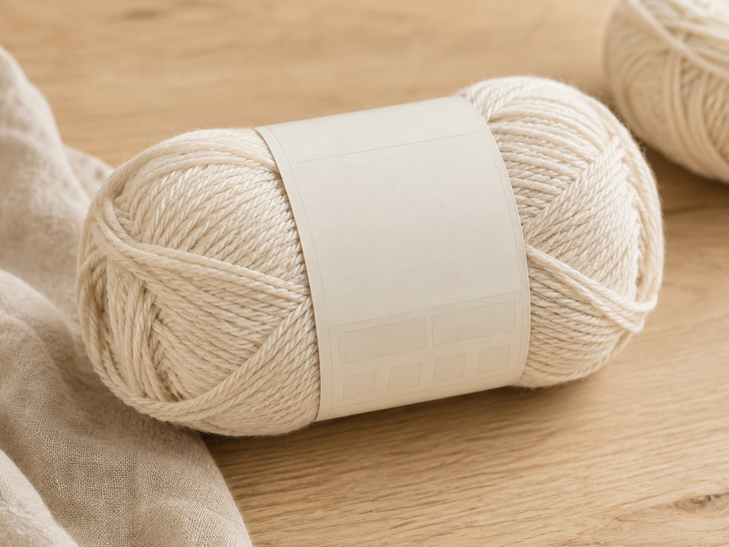Close-up of a medium-weight yarn label showing yarn weight, gauge, care symbols, and recommended metric hook and needle sizes.