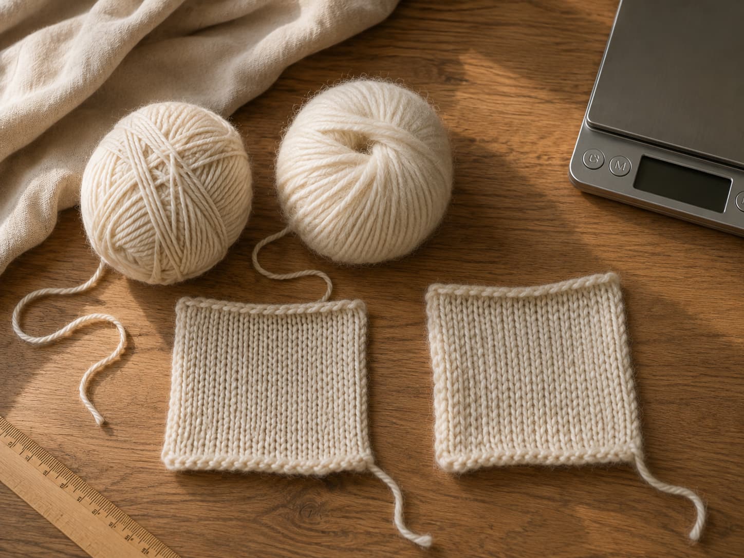 Original yarn and substitute yarn beside equal-size knitted and crocheted swatches, labels, ruler, and small scale.