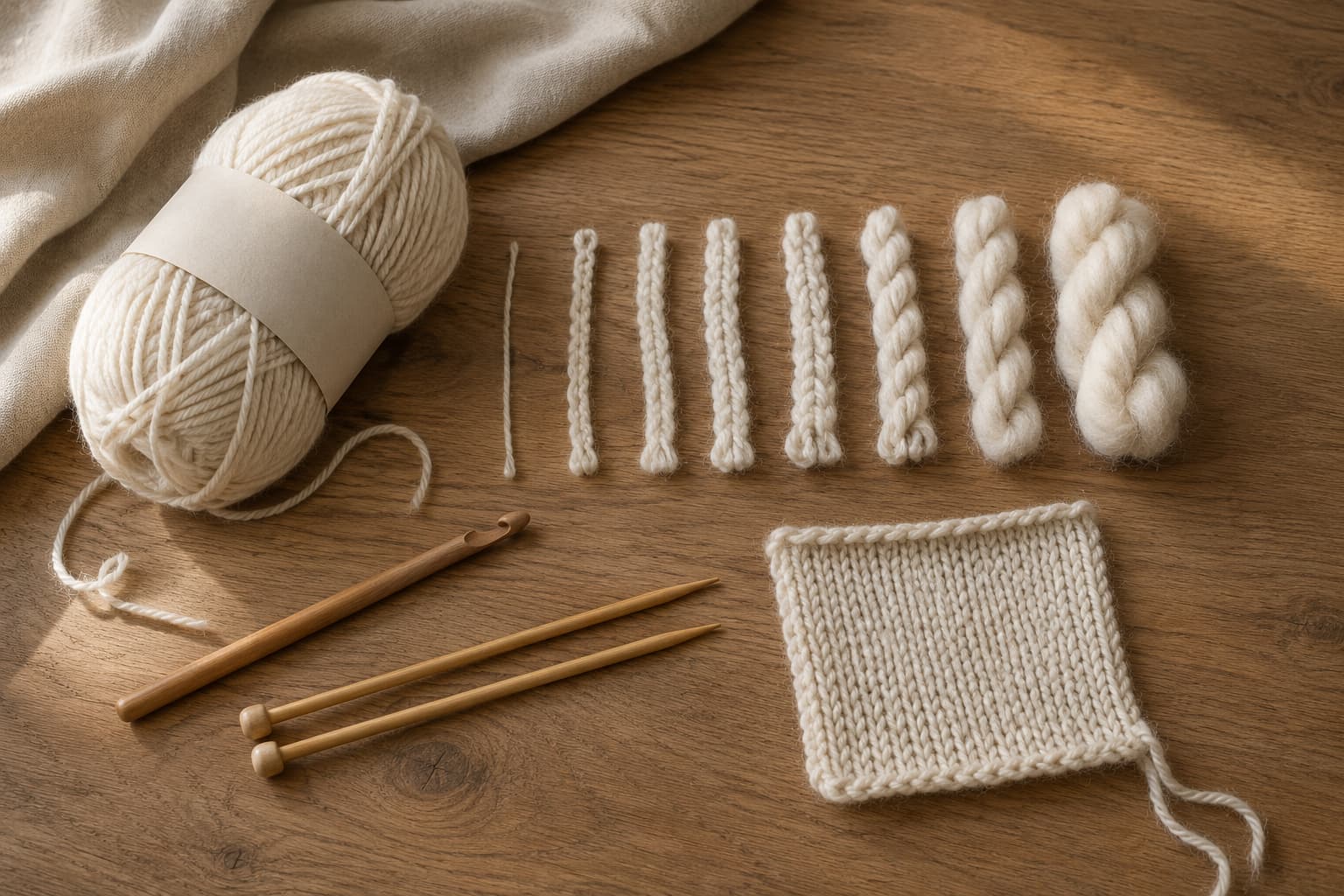 Eight light-colored yarn strands arranged from lace to jumbo thickness on natural linen, each separated clearly for comparison.