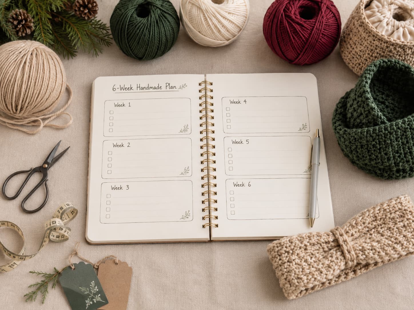 A six-week handmade holiday planning timeline with yarn, notebook, and simple scheduling tools on a warm table.