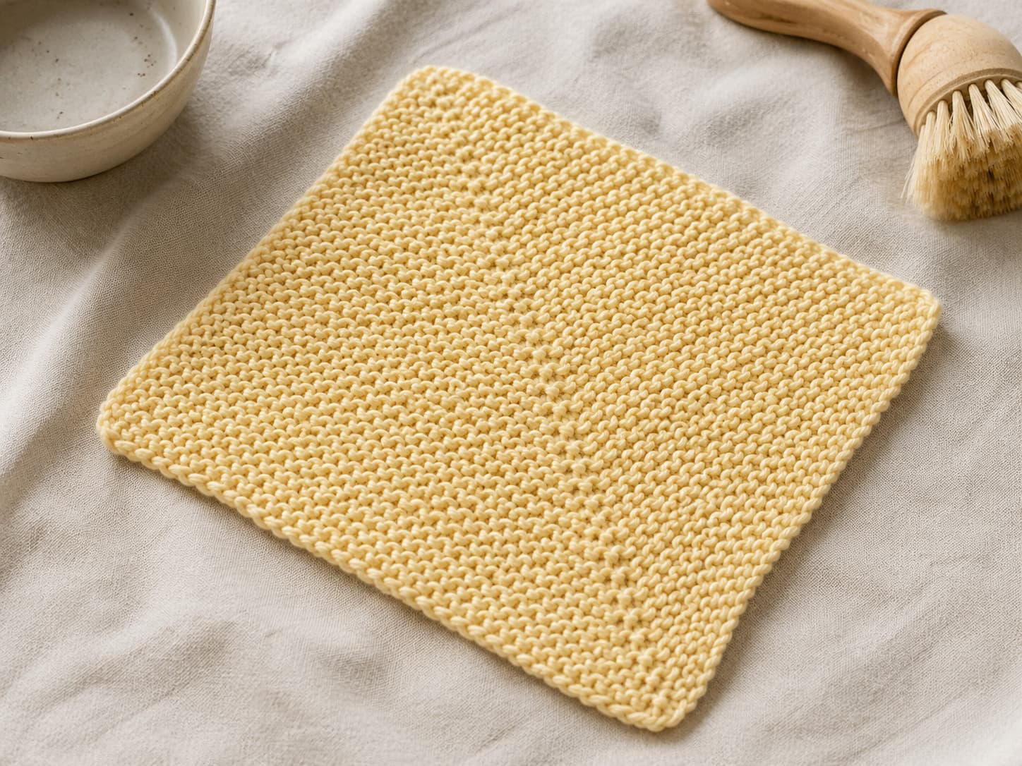 Soft-butter cotton dishcloth knitted diagonally from one corner with a visible increase line, balanced centre, and matching decrease edge.