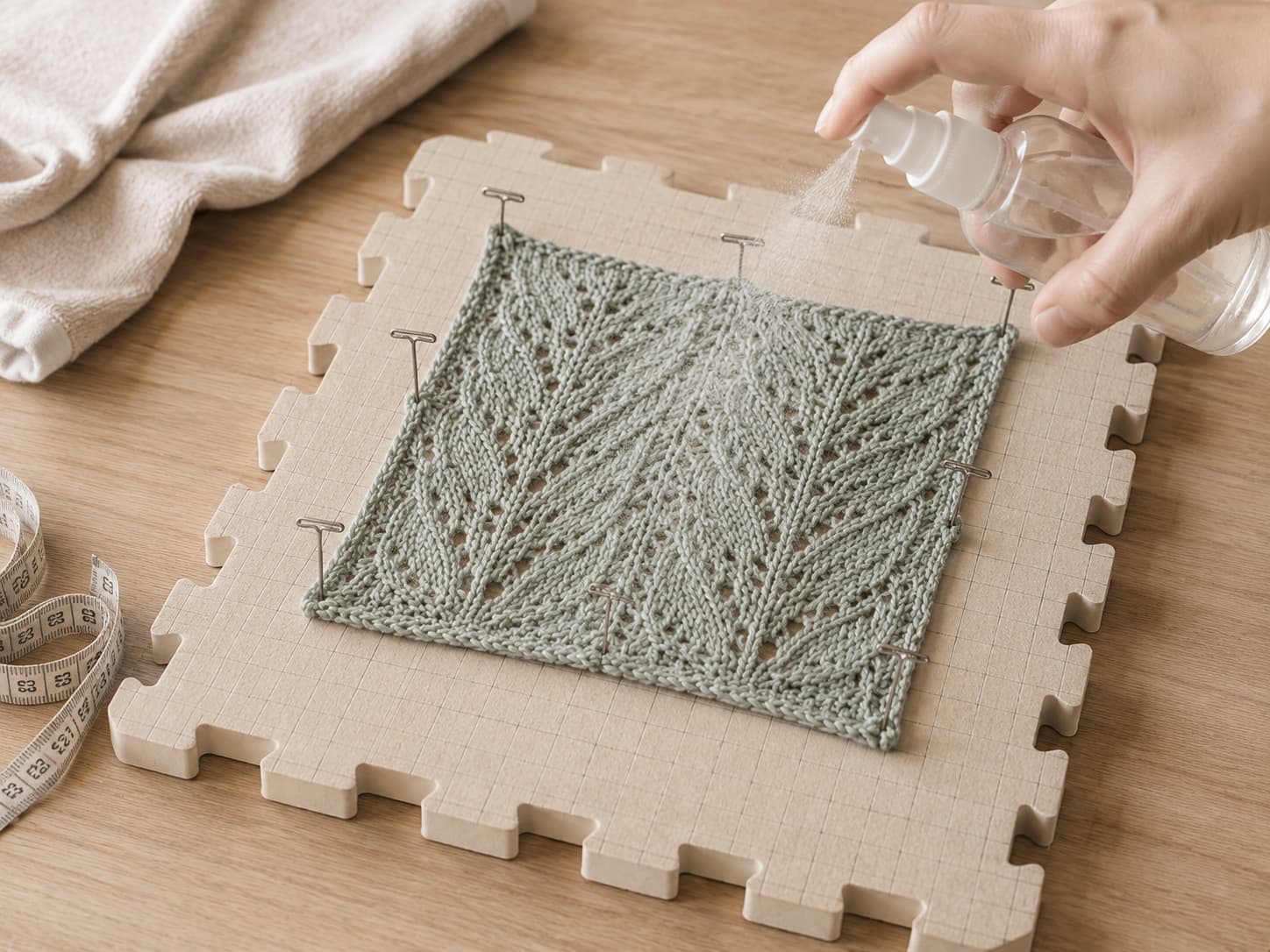 Fine mist being applied evenly to a pale-eucalyptus lace swatch already pinned to shape on a blocking mat.