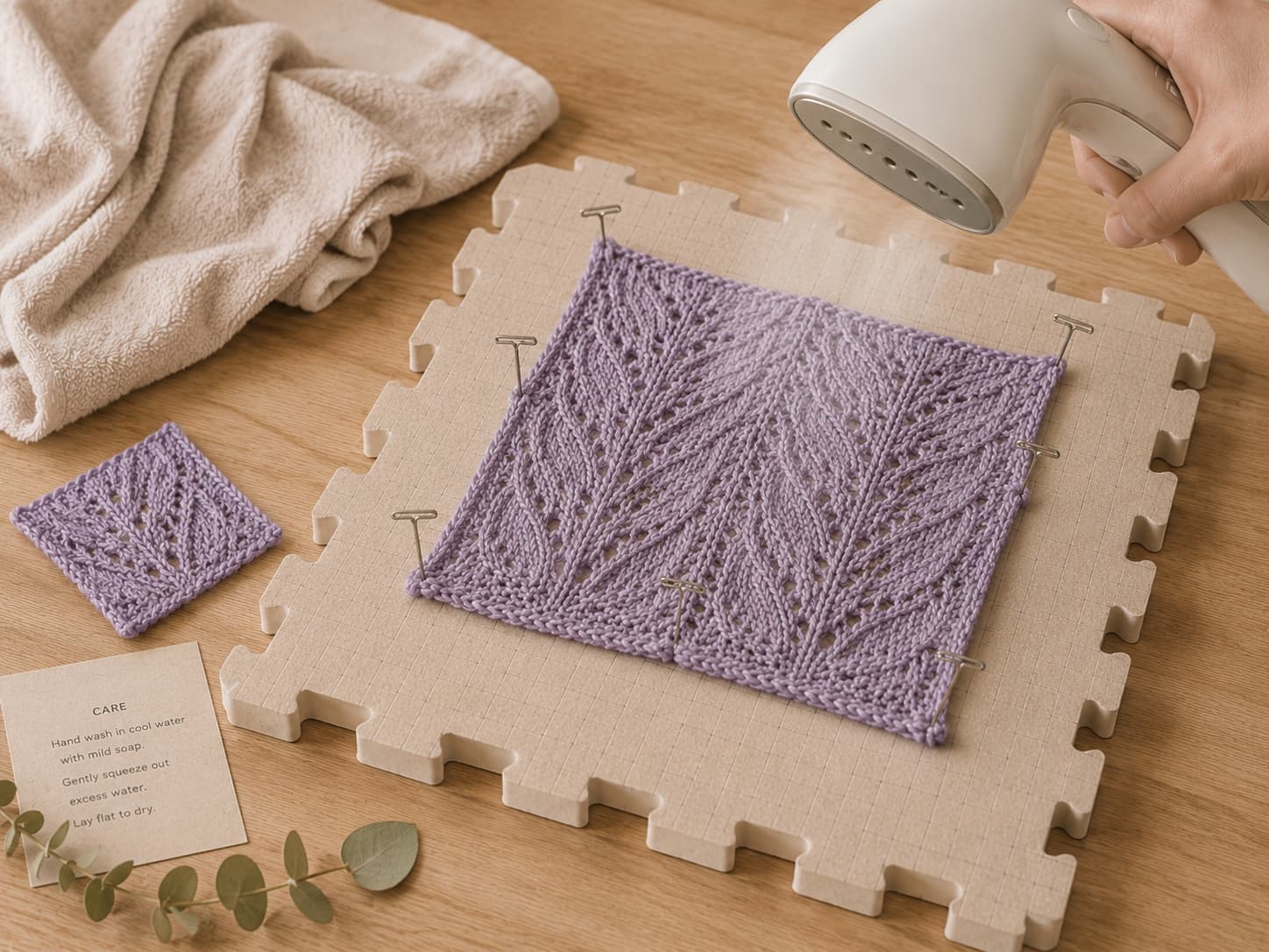 Garment steamer hovering above a pinned heather-lilac acrylic swatch without touching the yarn, with a test swatch and care label nearby.