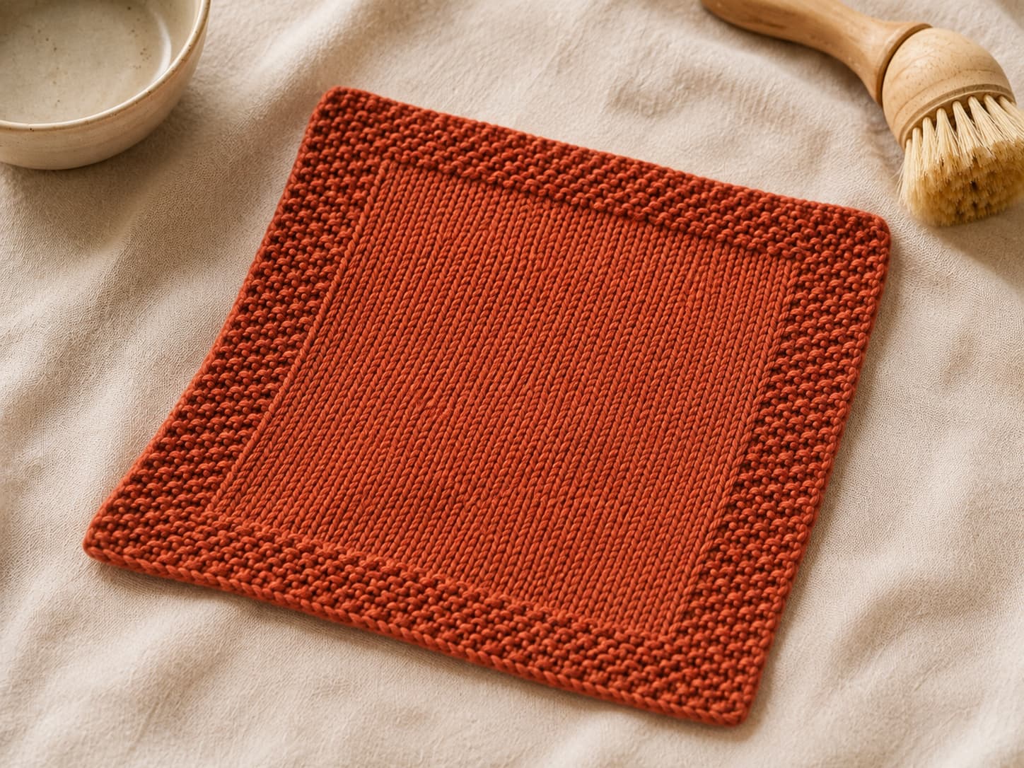 Warm-terracotta knitted dishcloth with a textured seed-stitch border surrounding a smooth stockinette centre and straight finished edges.
