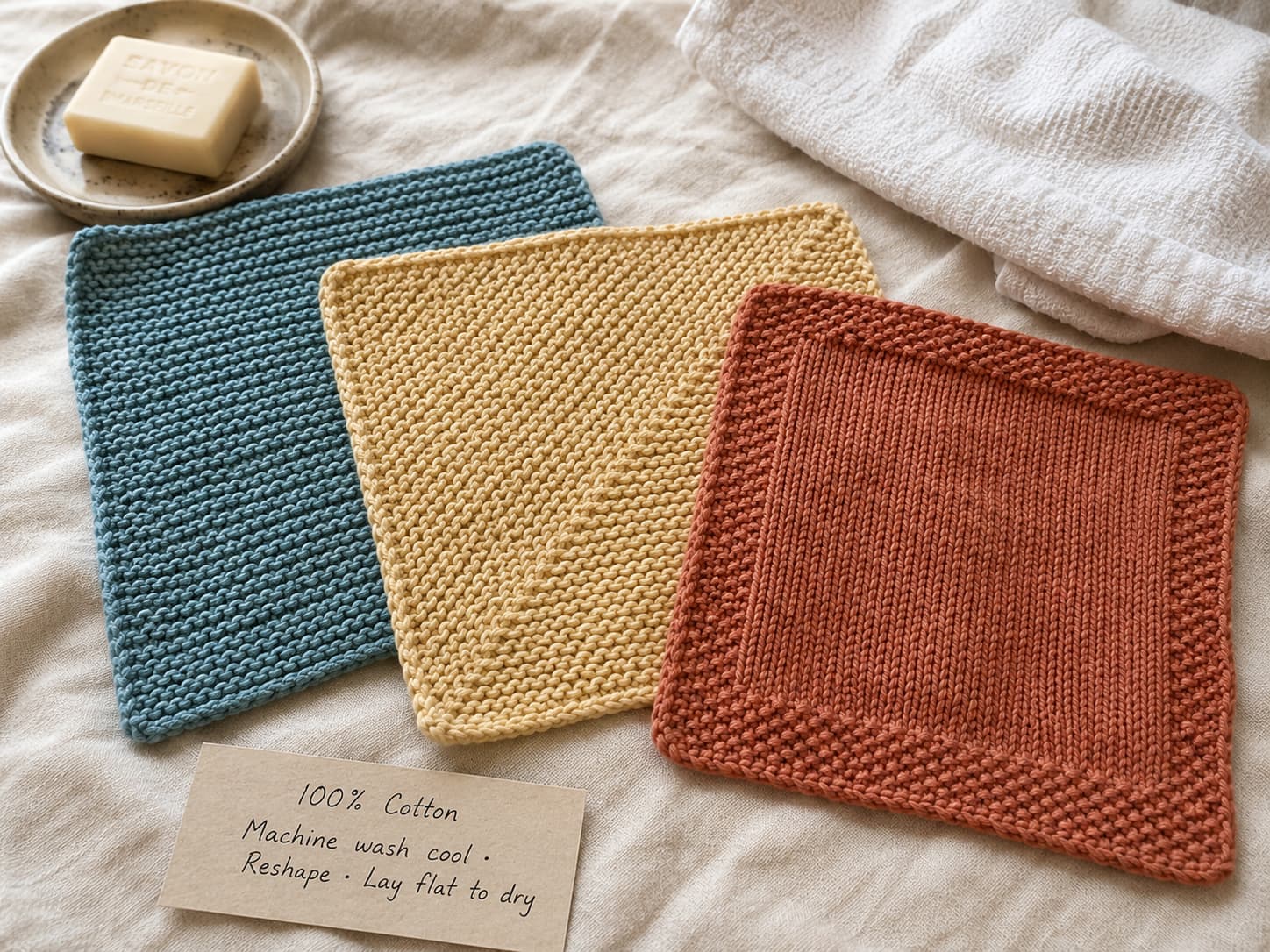 Three damp cotton dishcloths being gently reshaped to measured squares beside care labels and a clean towel.