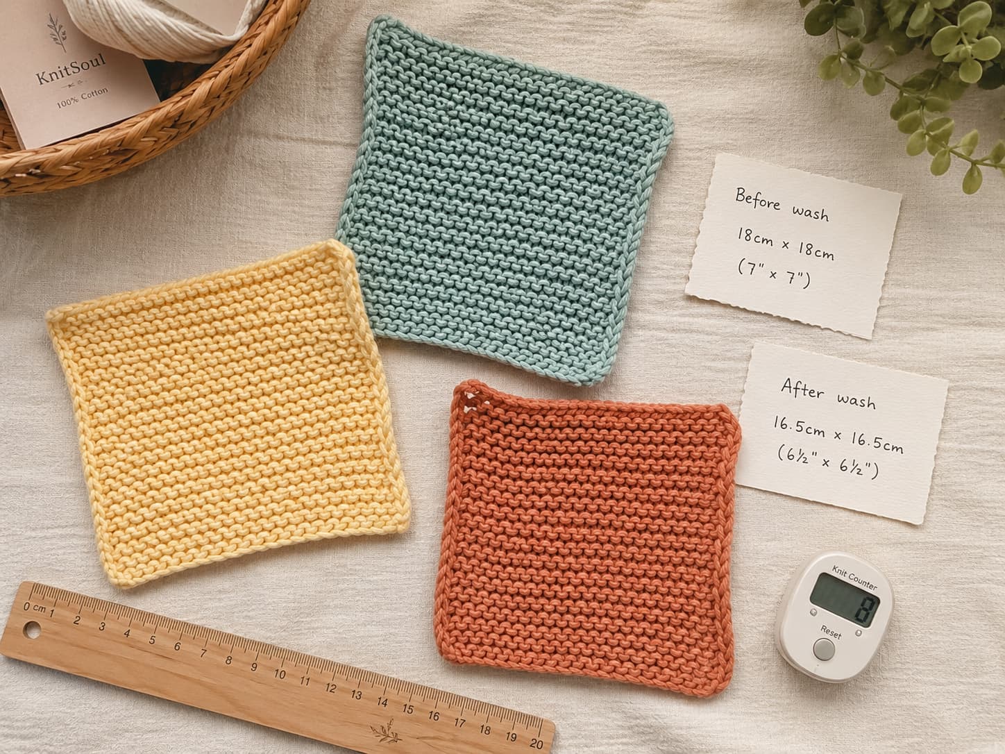 Small washed cotton swatches in dusty aqua, soft butter, and warm terracotta beside a ruler, stitch counter, and before-and-after measurement notes.