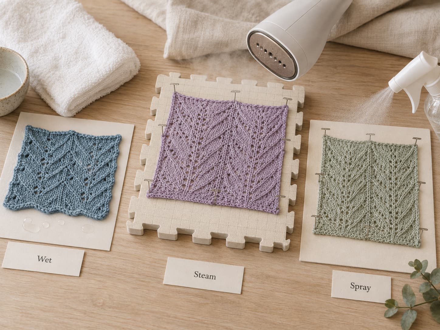 Three small swatches labeled wet, steam, and spray blocking in mineral blue, heather lilac, and pale eucalyptus on warm off-white cards.