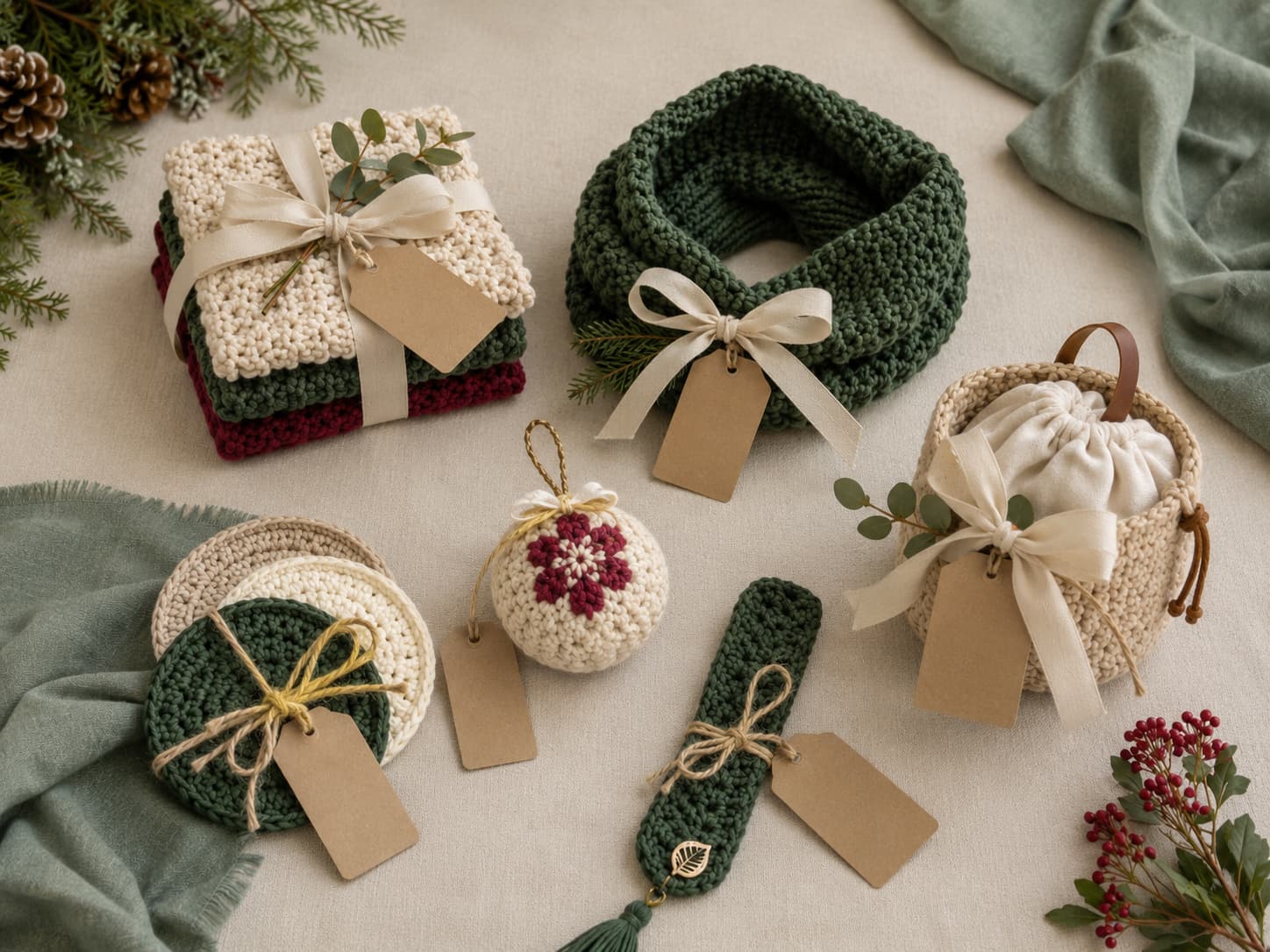 Finished handmade holiday gifts wrapped with simple ribbon and natural gift tags in a coordinated festive palette.