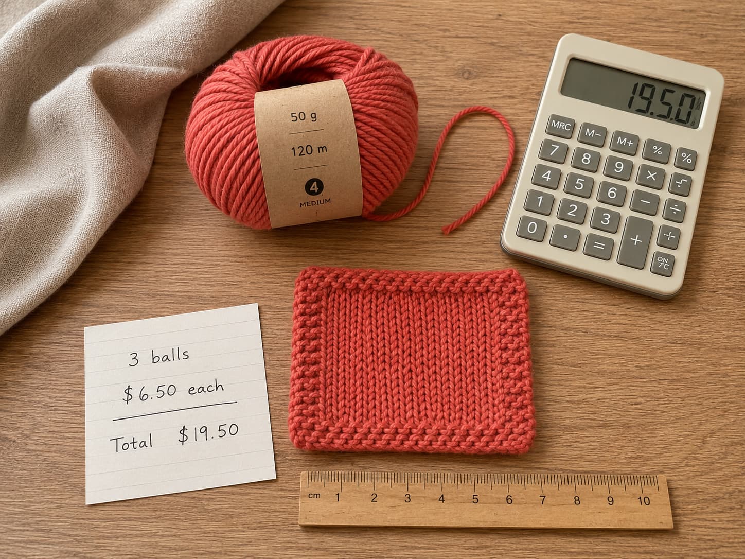 Warm-coral crochet and knitting swatches beside a timer and a worksheet that separates active making time from correction and finishing time.