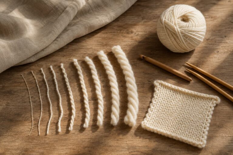 Cream yarn ball, eight yarn strands arranged from lace to jumbo thickness, wooden crochet hook, bamboo knitting needles, and a stockinette swatch on a warm wooden table.
