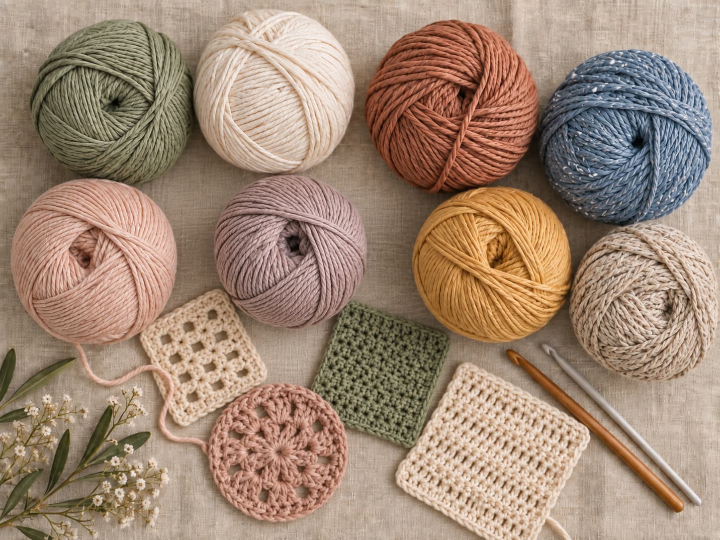 Eight cotton and cotton-rich yarn balls arranged on oatmeal linen with crochet hooks and small swatches