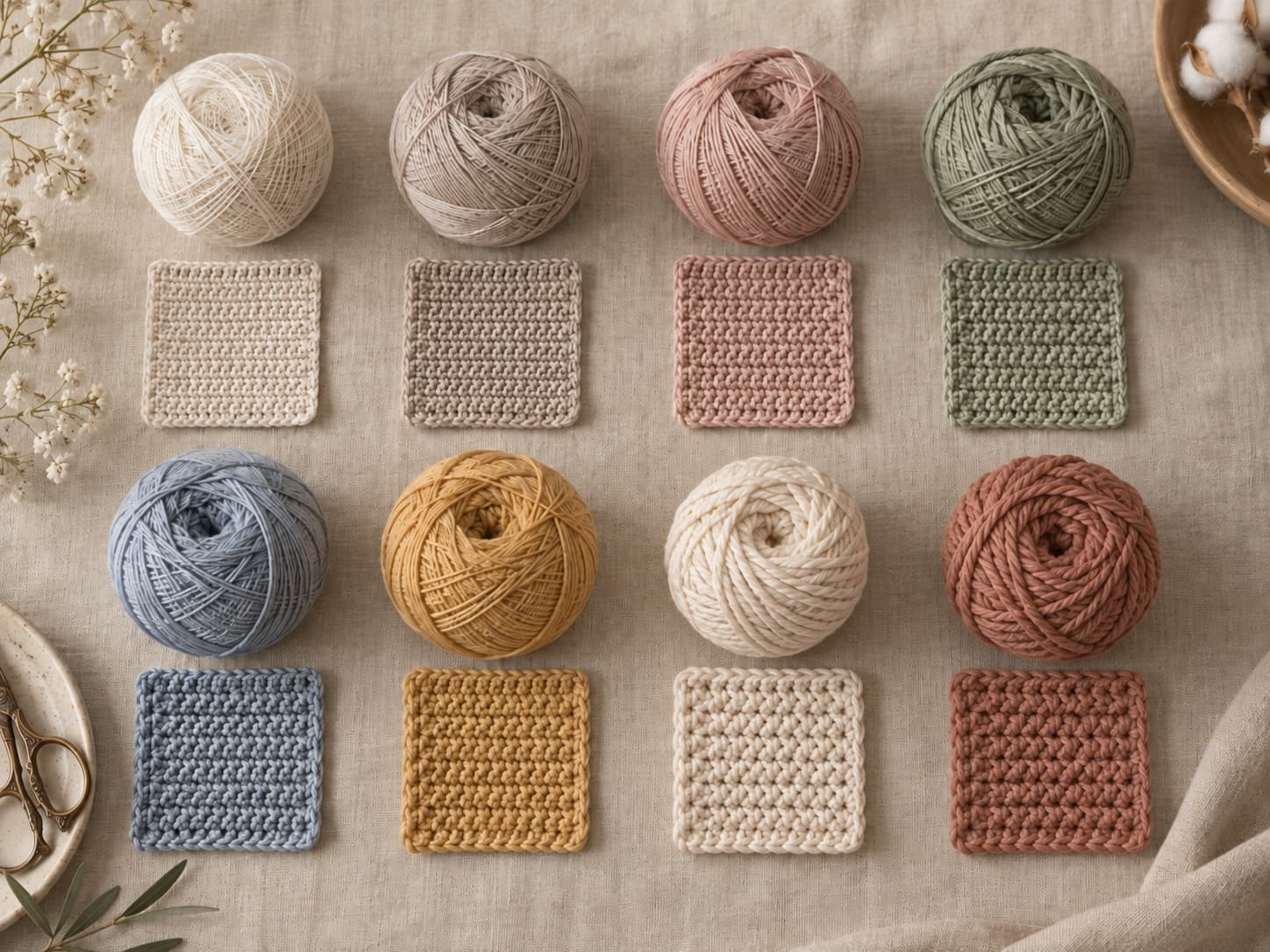 Eight cotton yarn types arranged from fine to medium weight with matching crochet swatches on warm neutral linen