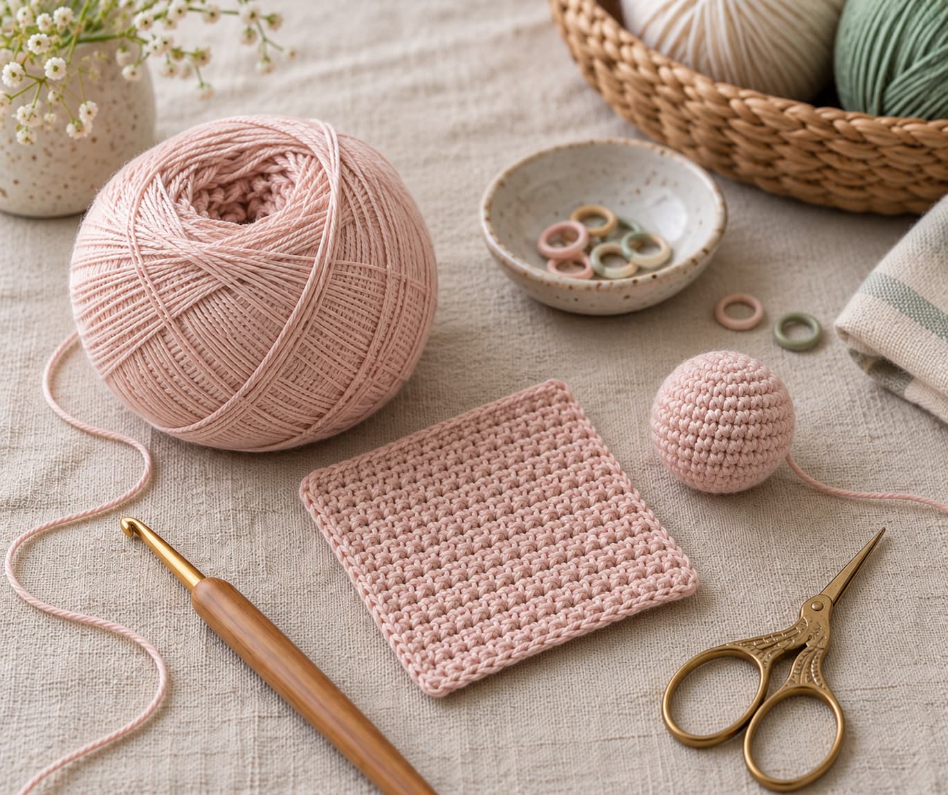 Fine cotton yarn with a detailed crochet swatch and small amigurumi practice sphere on oatmeal linen