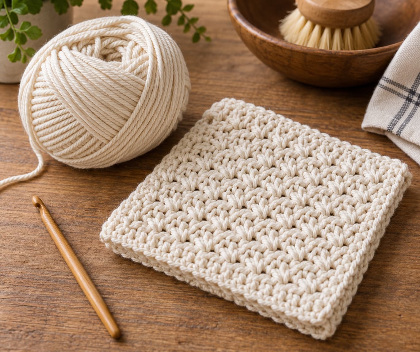 Firm worsted cotton yarn beside a finished crochet dishcloth on a warm wooden work surface