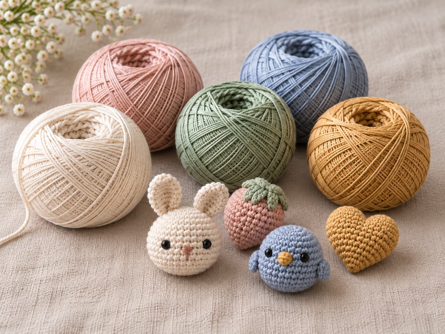 Mercerized fingering cotton yarn with tight crochet amigurumi samples in coordinated cream, blush, sage, blue, and mustard colors