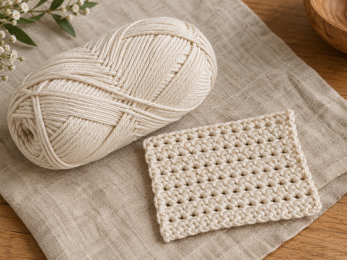 Mercerized medium-weight cotton yarn with a crisp crochet swatch on warm oatmeal linen