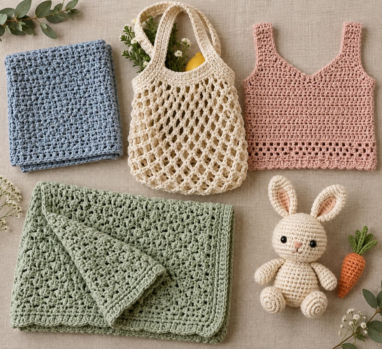 Cotton crochet projects including a blue dishcloth, cream market bag, pink garment, sage baby blanket, and cream amigurumi bunny