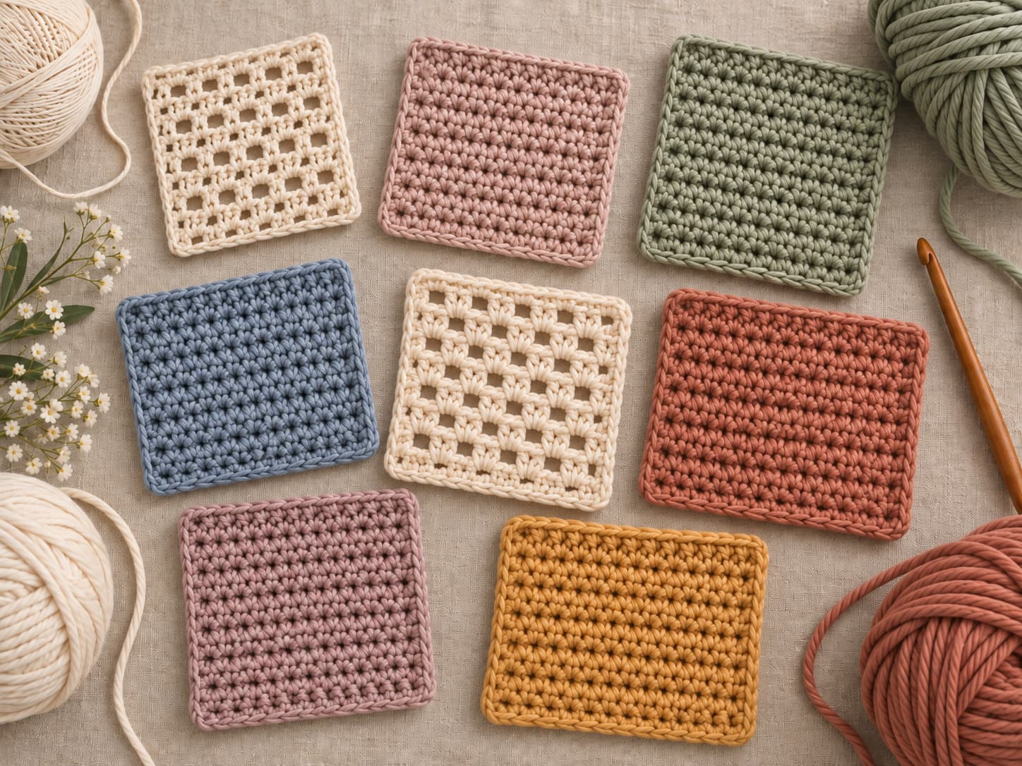 Close-up of cotton crochet swatches showing crisp stitch definition across fingering, DK, and worsted yarn weights