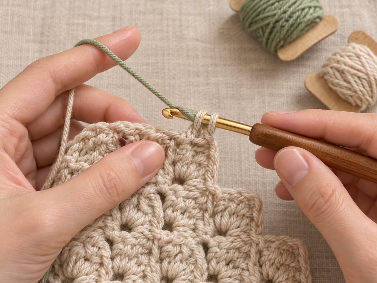 Hands changing from oatmeal to sage yarn at the last yarn-over of a C2C block with small yarn bobbins