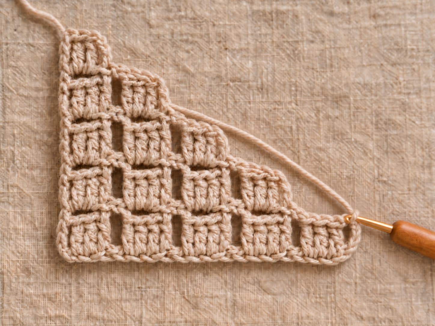 C2C crochet decrease rows showing slip stitches across the edge and one fewer block per diagonal row