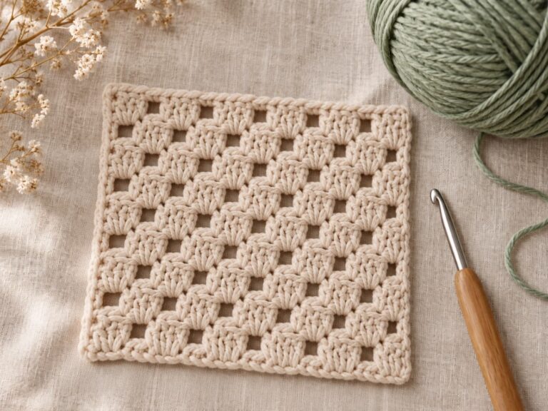 Finished oatmeal C2C crochet mini square showing diagonal blocks beside sage yarn and a crochet hook