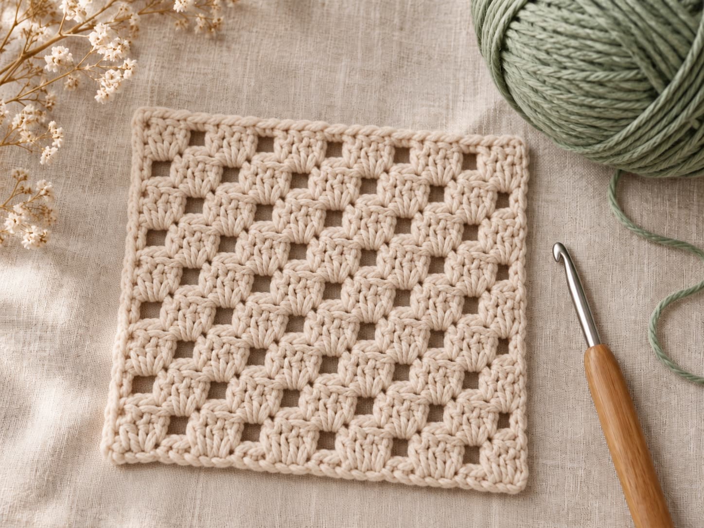Finished oatmeal C2C crochet mini square showing diagonal blocks beside sage yarn and a crochet hook