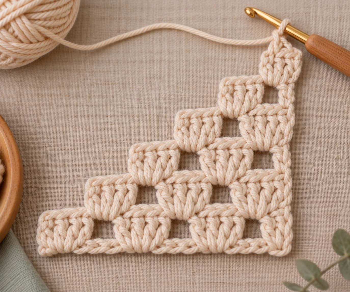 C2C crochet increase rows growing diagonally from one block to several blocks in oatmeal yarn