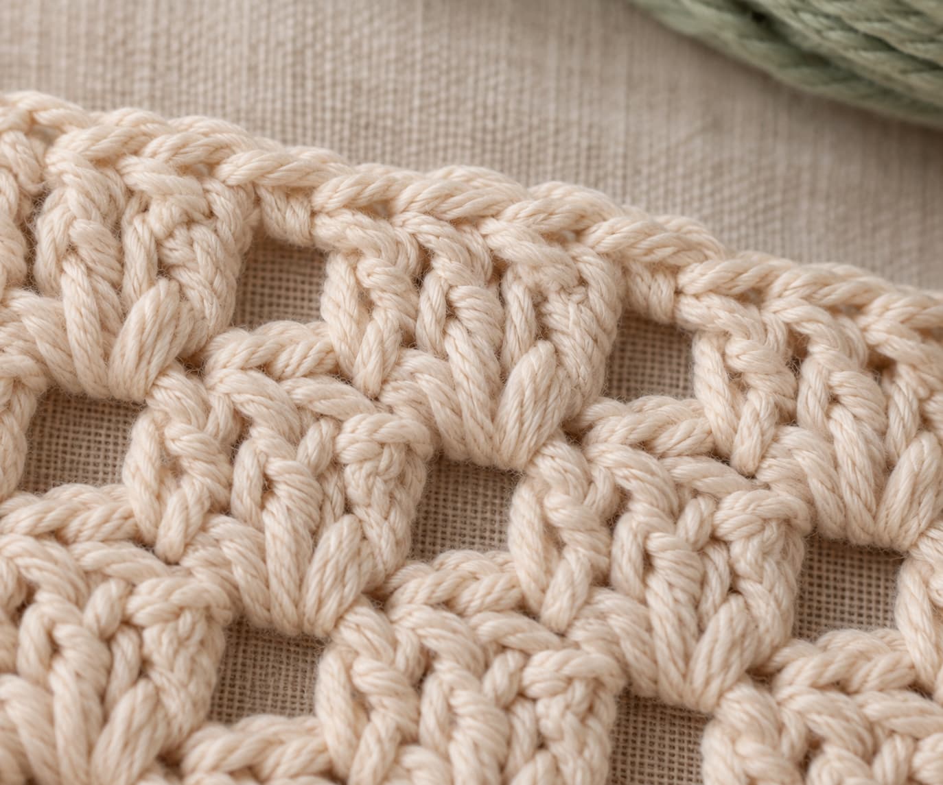 Close-up of a C2C crochet block showing a chain-three space and three double crochet stitches in oatmeal yarn