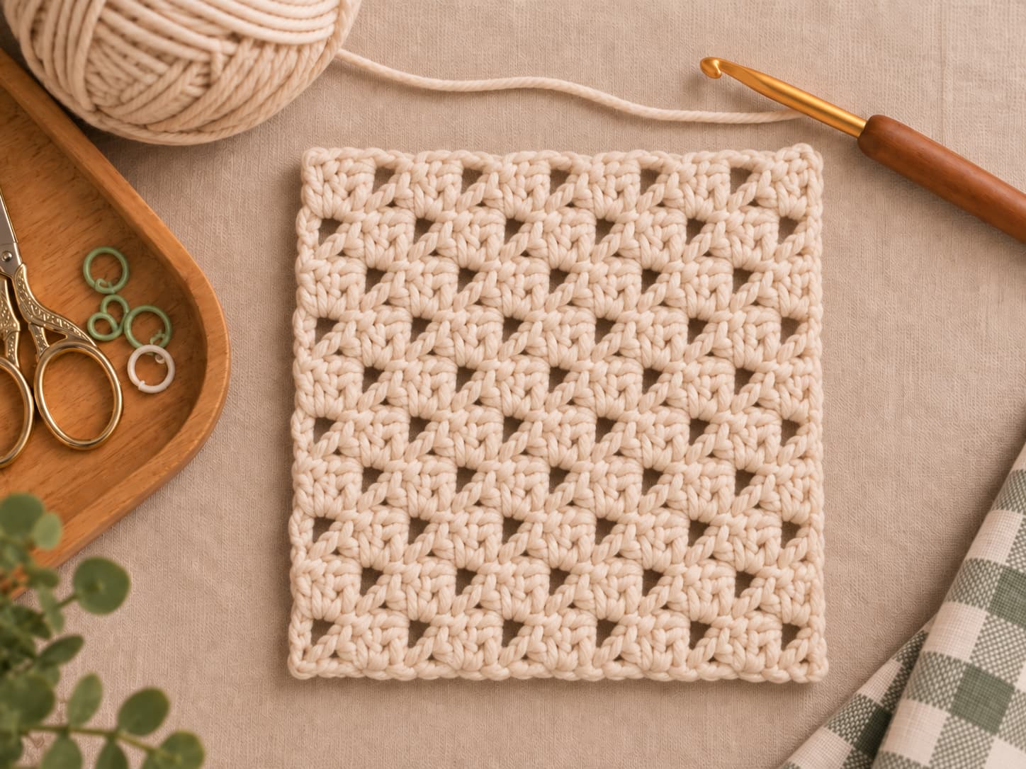 Finished eight by eight oatmeal C2C crochet mini square laid flat showing diagonal block texture