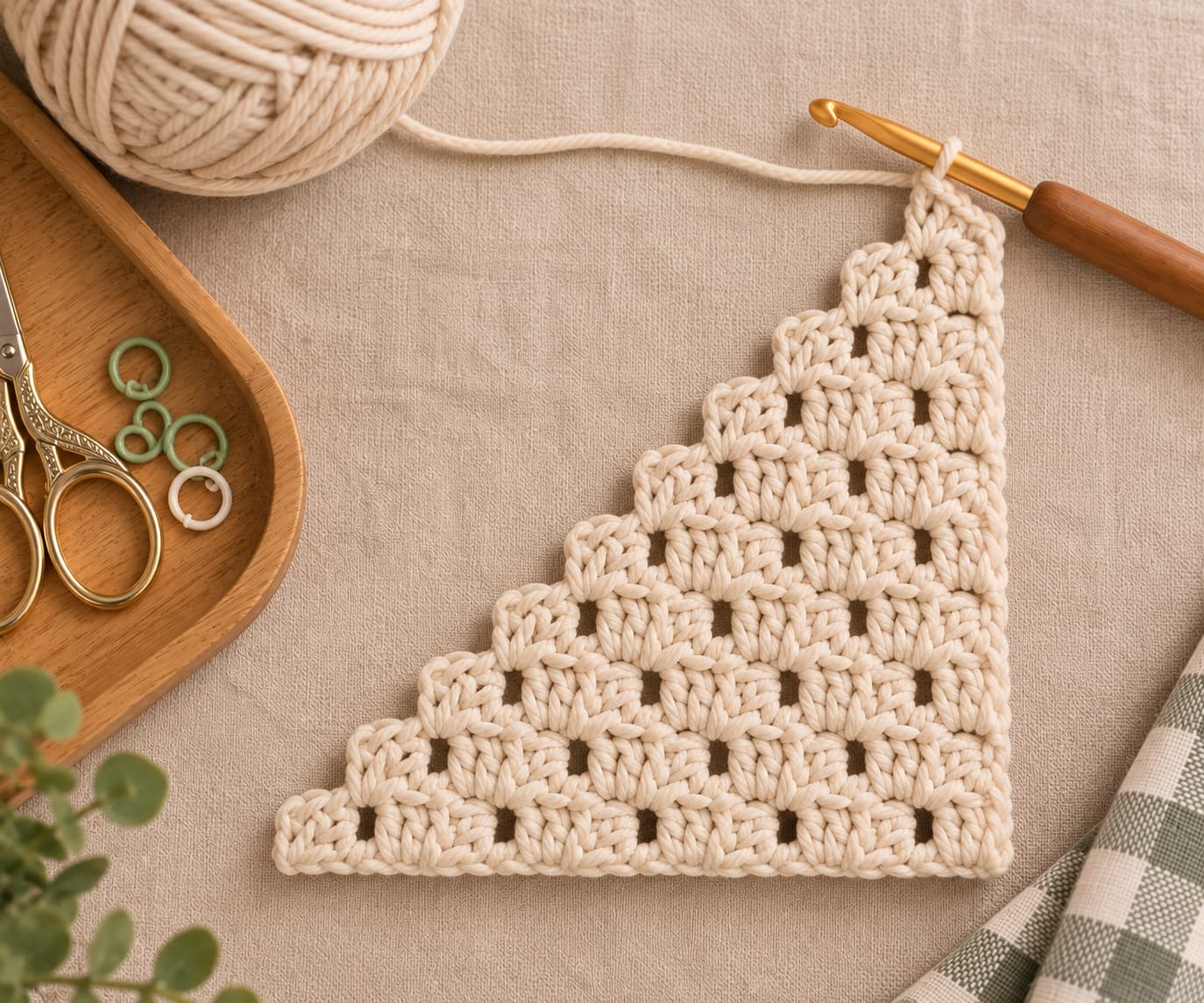 Oatmeal C2C mini square in progress after eight increase rows with the widest diagonal complete