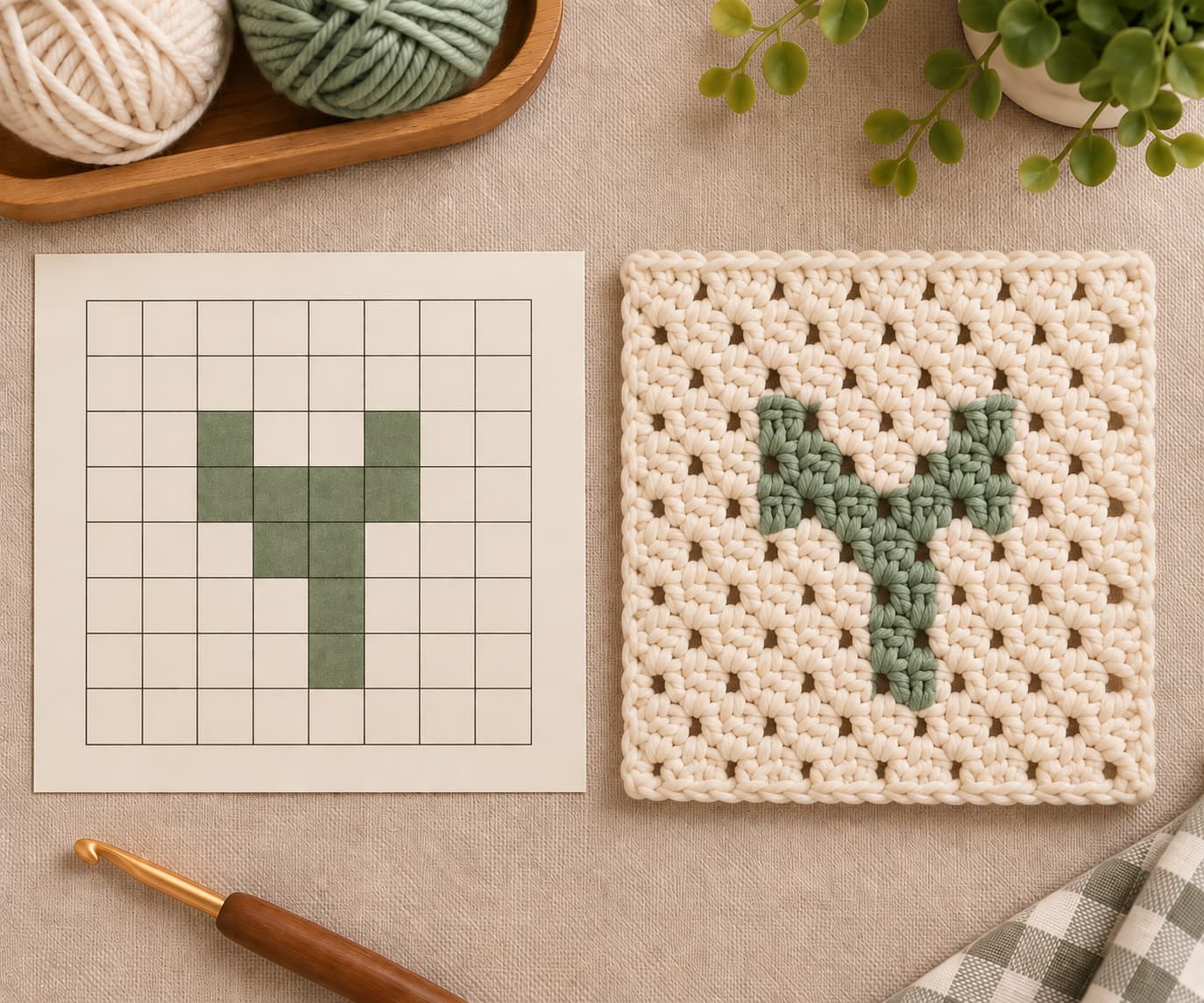 Eight by eight C2C crochet chart with a sage Seedling motif centered on an oatmeal background