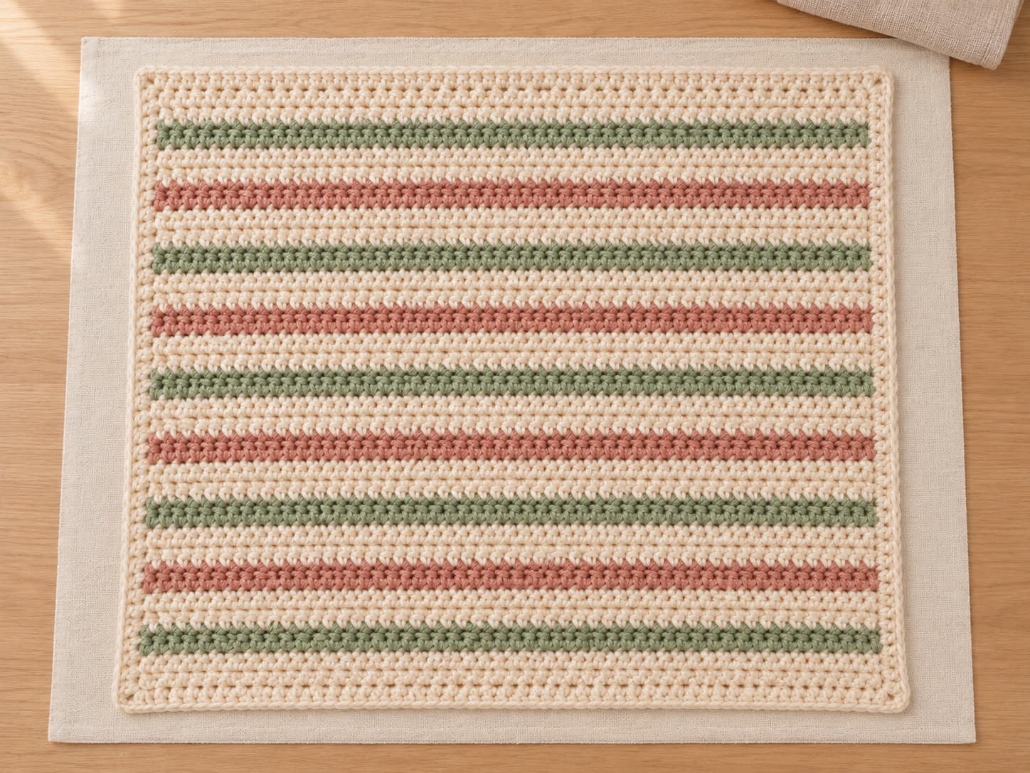 Finished crochet baby blanket drying flat after gentle blocking