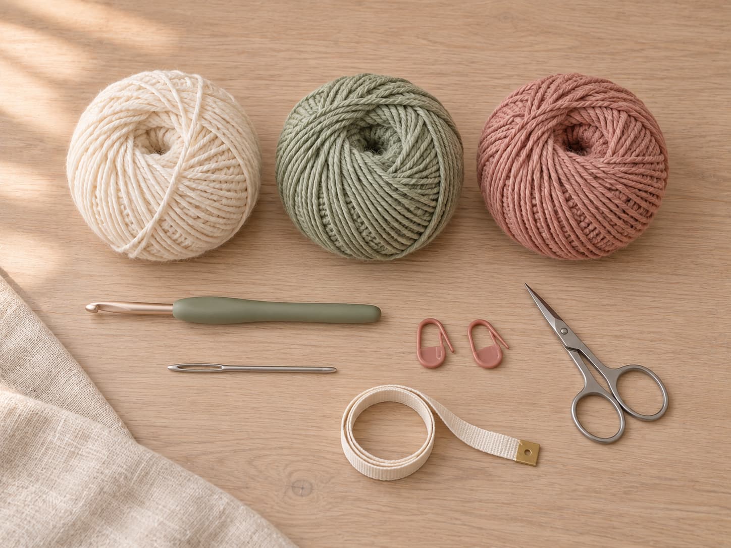 Worsted yarn, crochet hook, tapestry needle, scissors, and stitch markers for a baby blanket