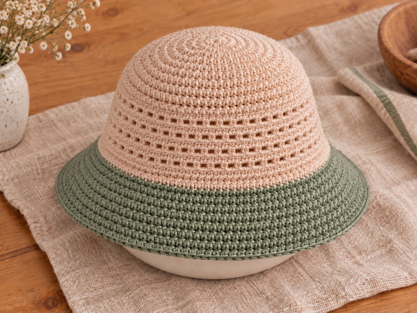 Crochet bucket hat damp and draped over a round bowl for blocking with the sage brim shaped outward