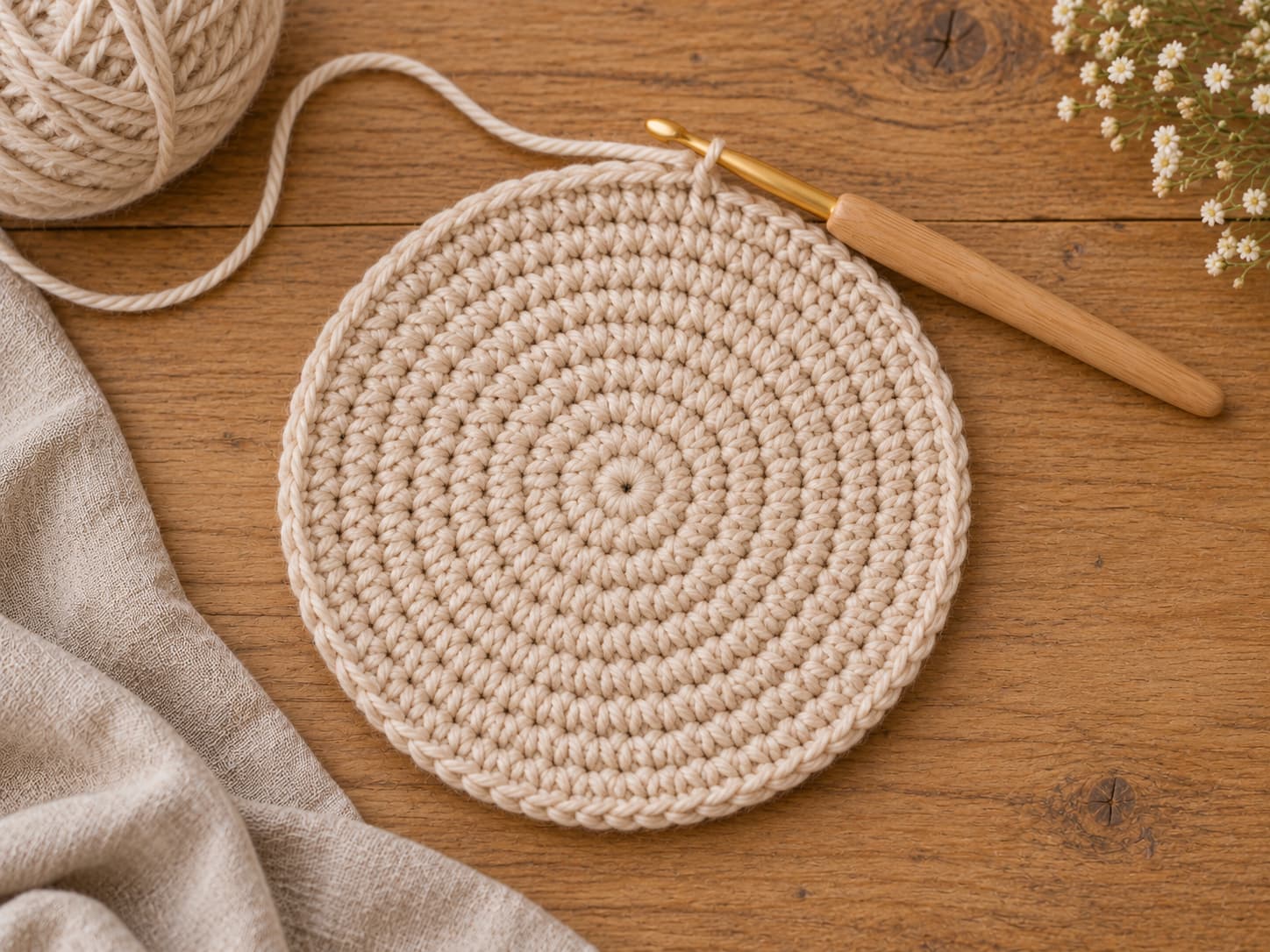 Crochet bucket hat crown in progress with visible increase rounds in warm oatmeal yarn