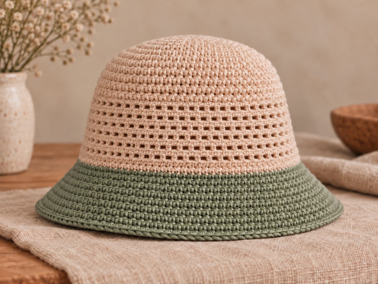 Side view of the crochet bucket hat showing Dune Stitch texture in warm oatmeal yarn