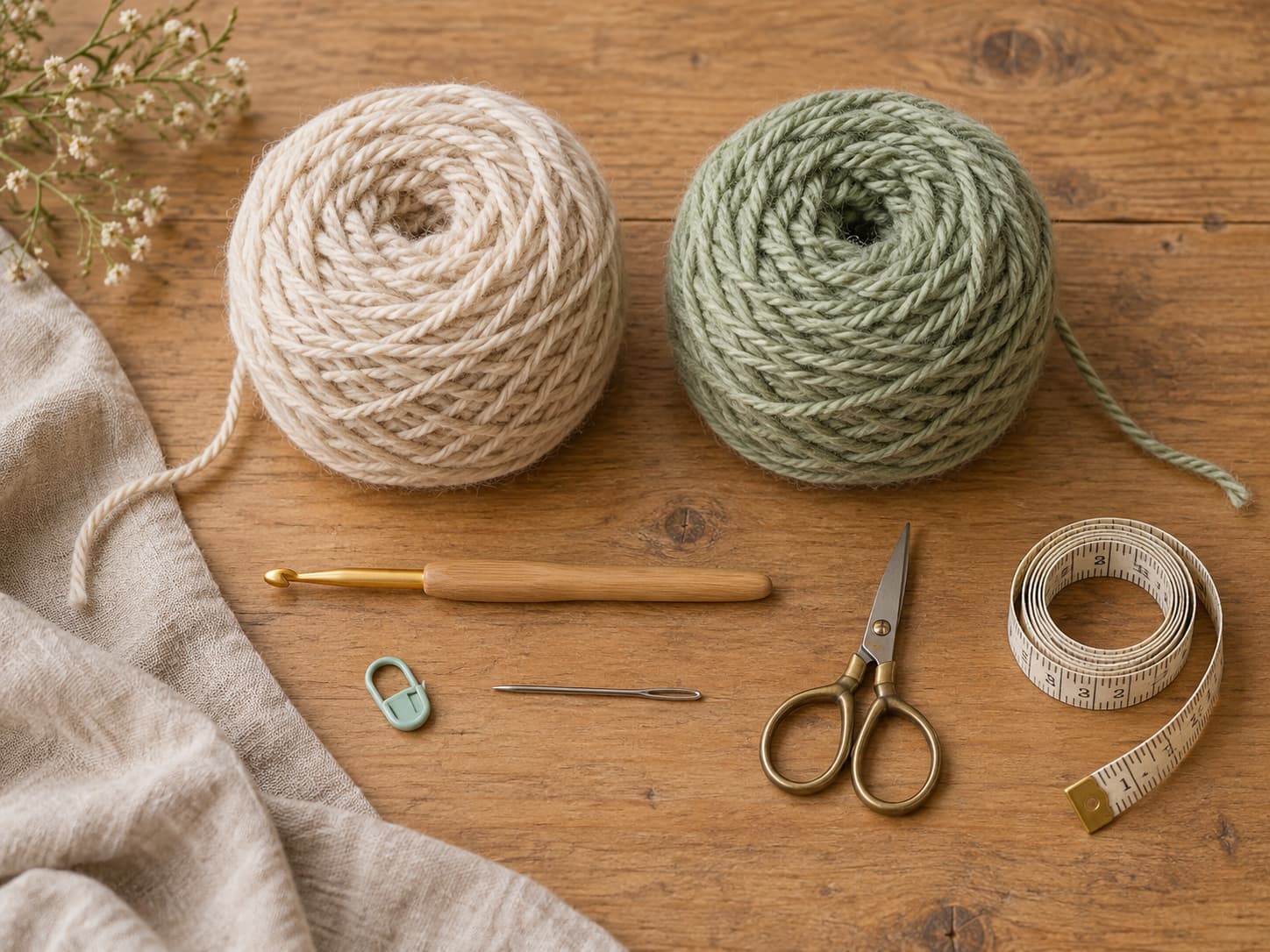 Warm oatmeal and soft sage worsted yarn with a 5.0 mm crochet hook, stitch marker, tapestry needle, scissors, and measuring tape