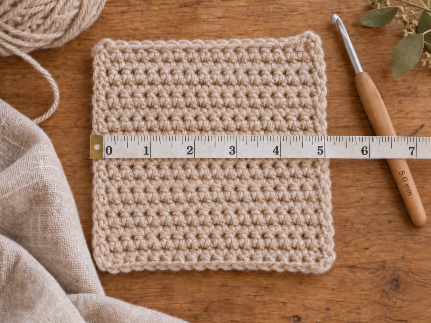 Single crochet gauge swatch in warm oatmeal worsted yarn measured across four inches