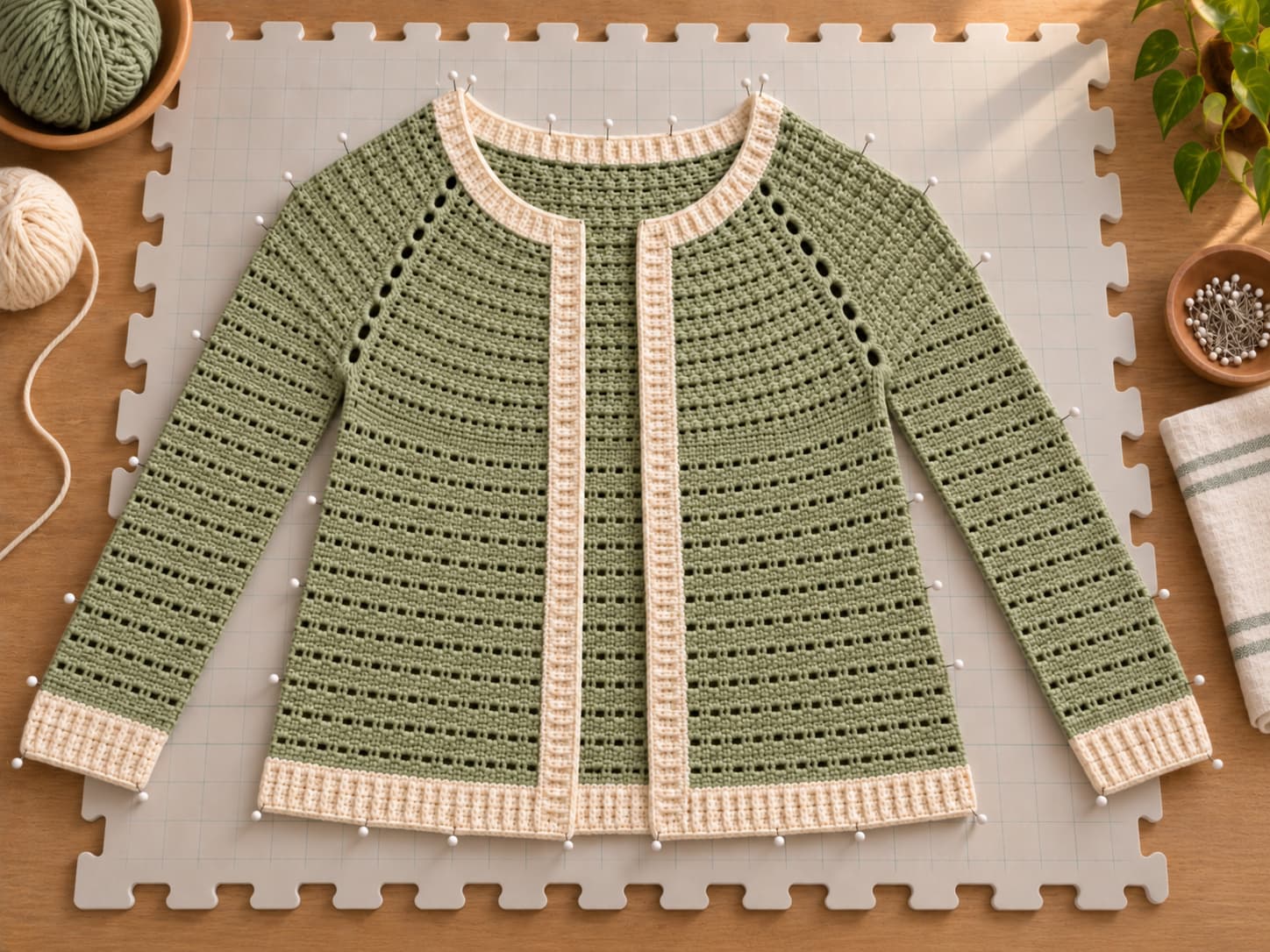 Crochet cardigan panels pinned to blocking mats, with warm sage body and cream ribbing edges being shaped to finished dimensions.