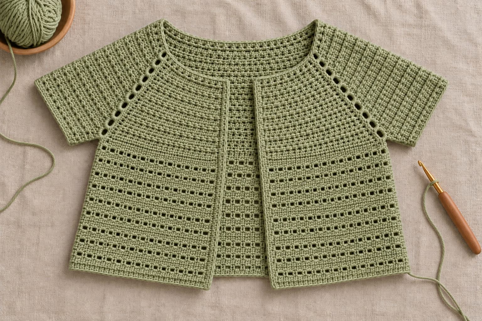 Lower body of the crochet cardigan showing the Meadow Stripe texture in warm sage with the chain-one mesh rows creating subtle vertical lines.