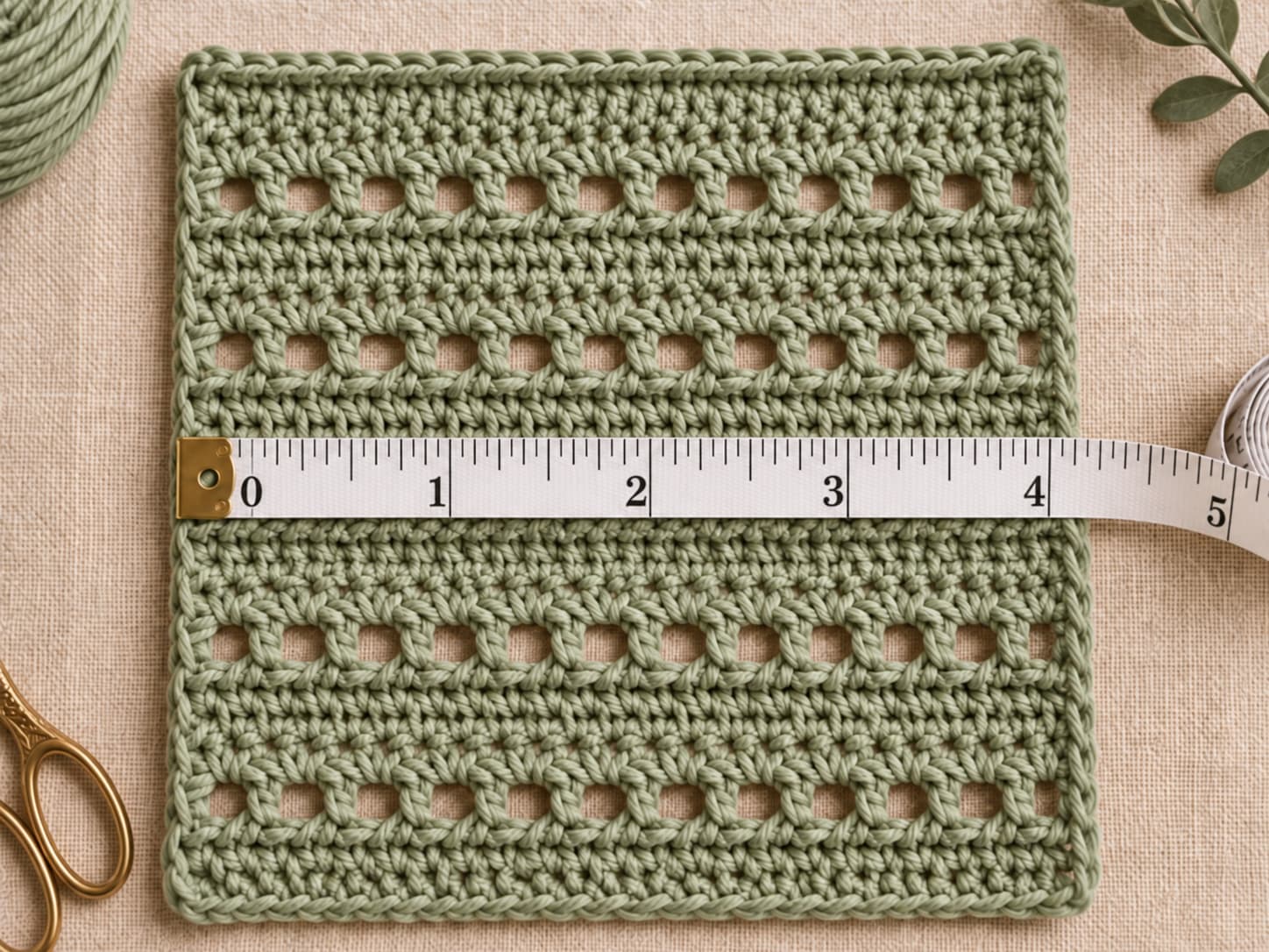 Meadow Stripe gauge swatch in warm sage worsted yarn measured across four inches, showing the alternating mesh and solid rows.
