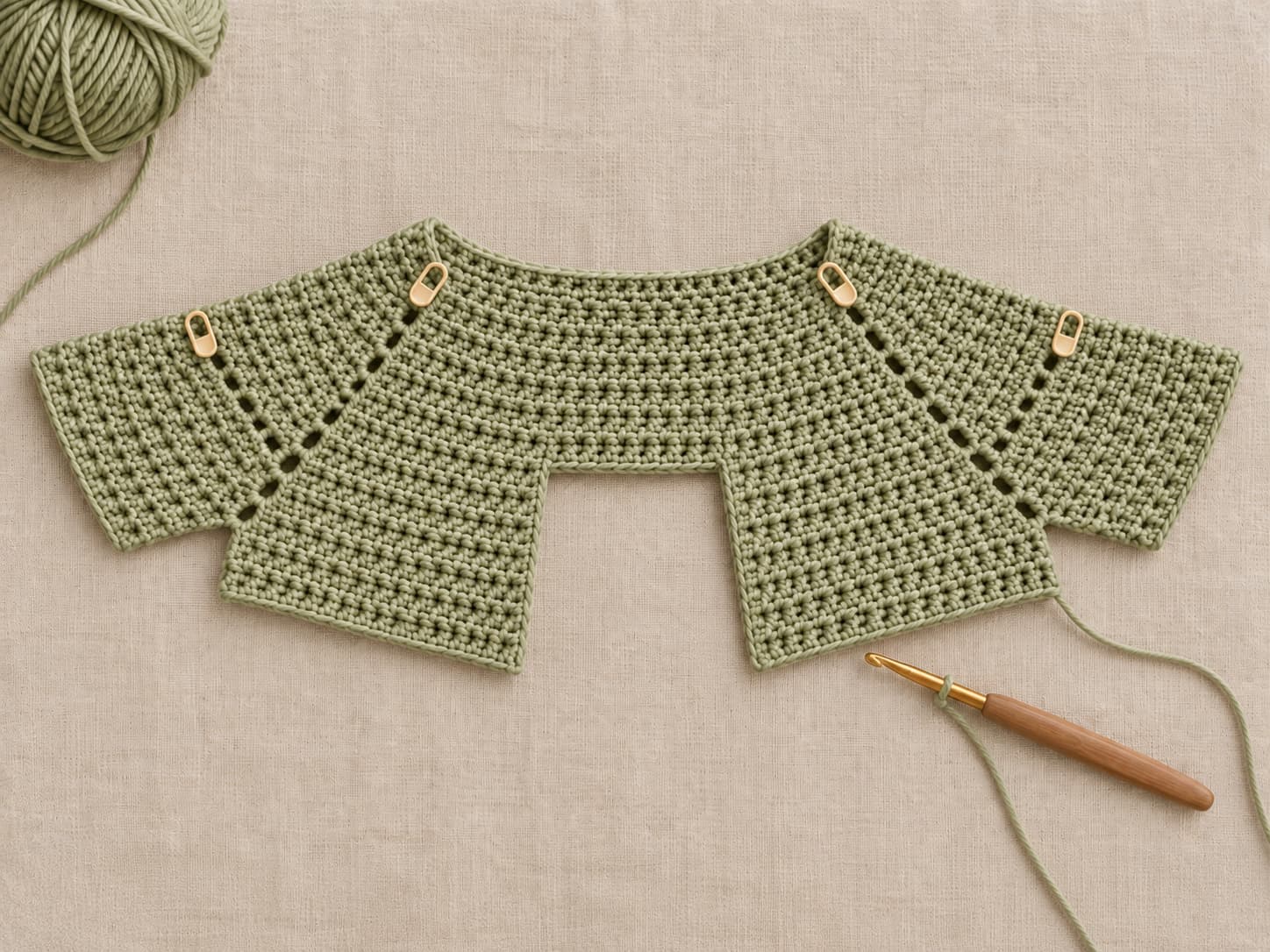 Top-down crochet raglan yoke in warm sage with four stitch markers at the increase lines, growing from the neckline outward.