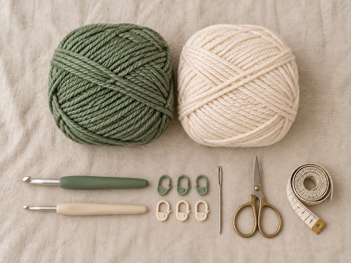 Warm sage and cream worsted-weight cotton-acrylic yarn, 5.0 mm and 4.0 mm crochet hooks, stitch markers, tapestry needle, scissors, and measuring tape on natural linen.