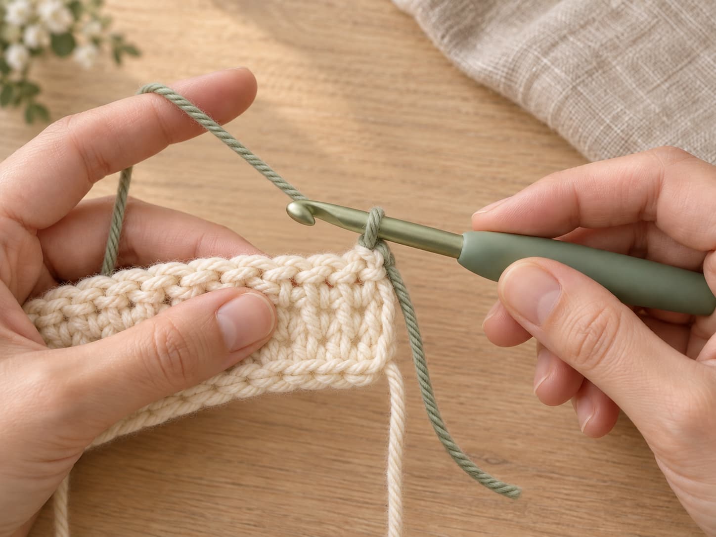 Clean crochet color change from warm ivory to muted sage at the end of a row