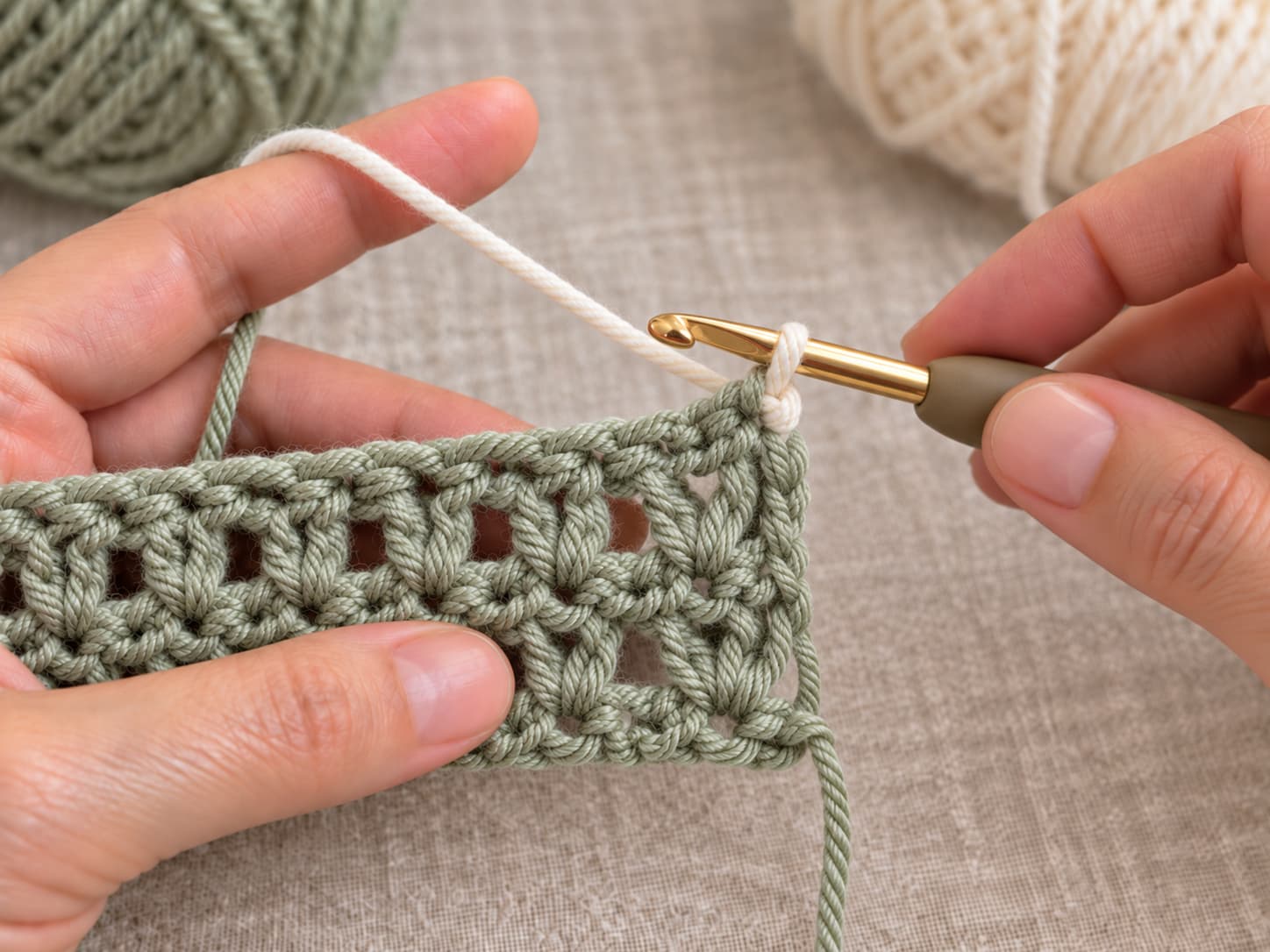 Clean crochet color change from muted sage to warm ivory at the end of a scarf row