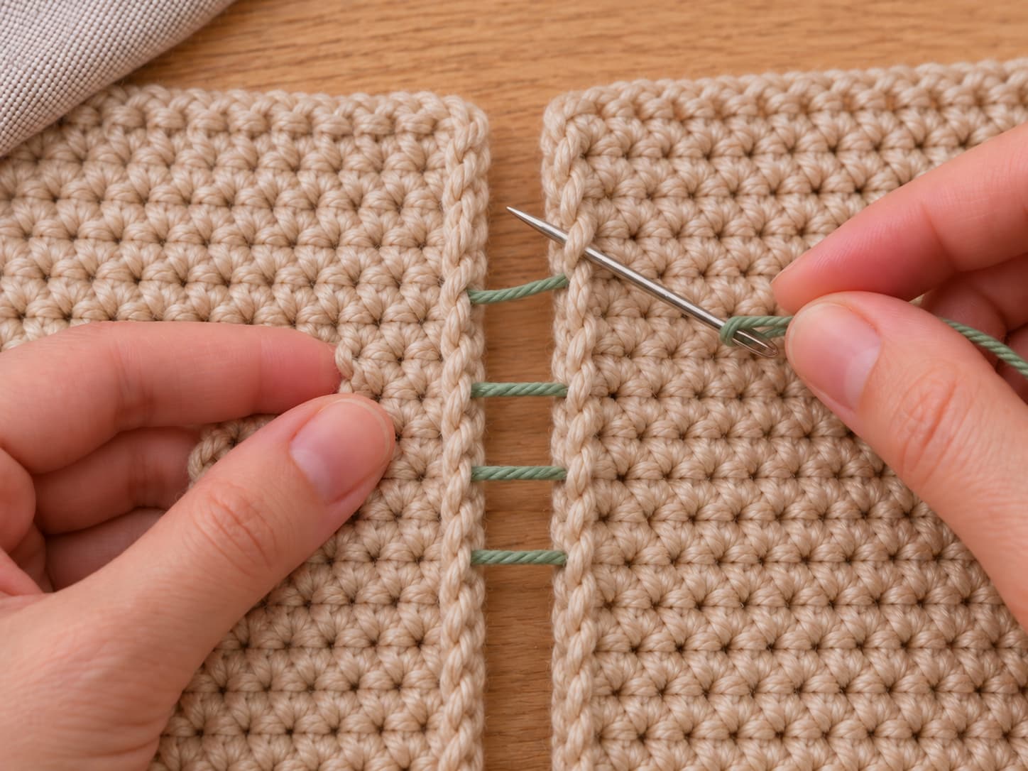 Two crochet panels joined with mattress stitch through corresponding edge loops